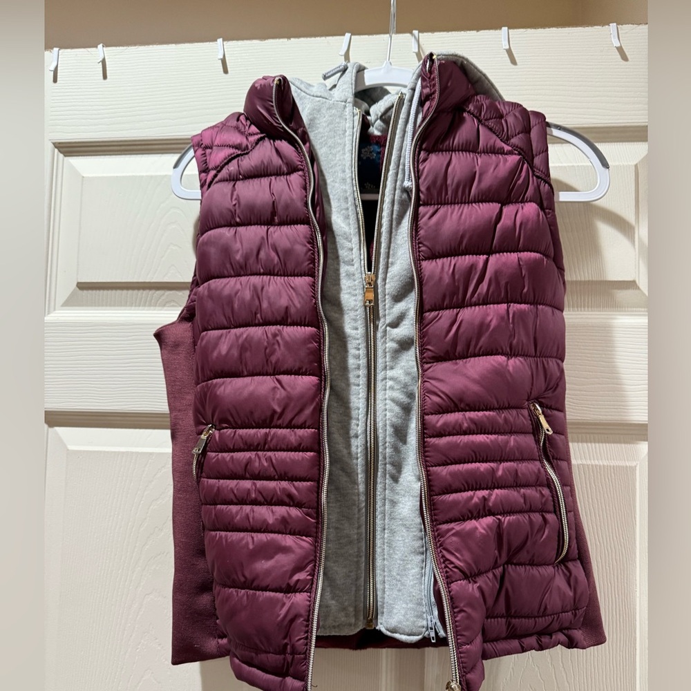 YMI Double Zip Burgundy Hooded Vest with Gray Accents
